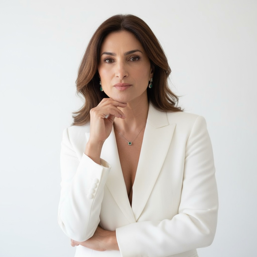 Dra. Katia Fredel em retrato editorial, blazer branco
